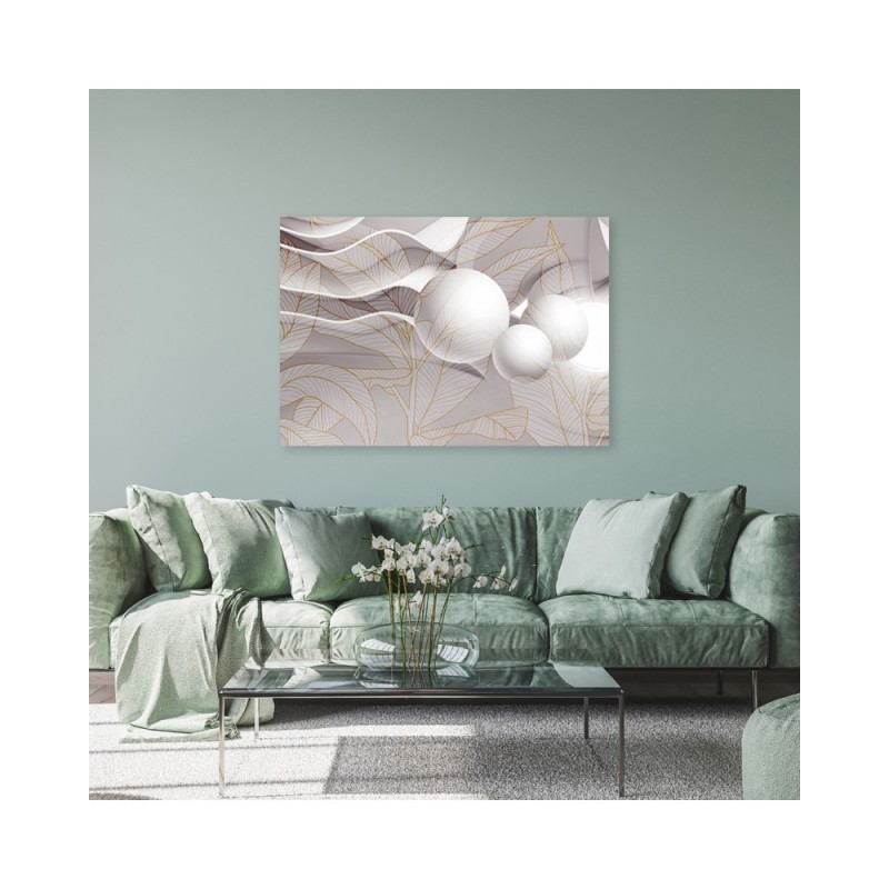 Leinwandbild - Goldene Blätter und 3D Kugeln | Feeby