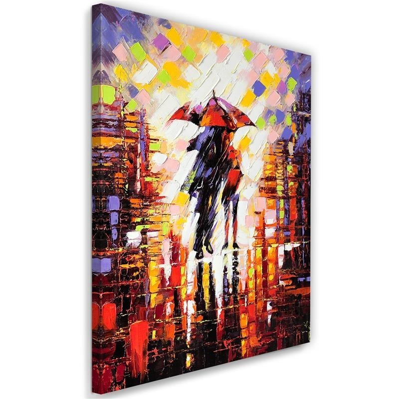 Leinwandbild - Pärchen im Regen unter einem Regenschirm | Feeby