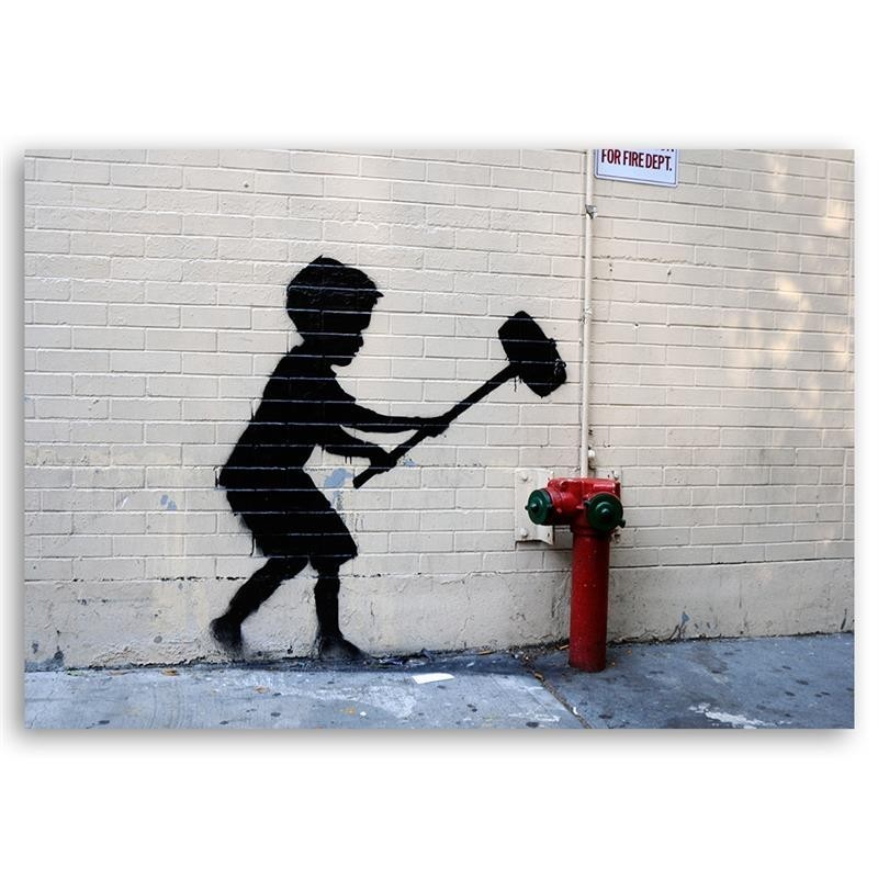 Leinwandbild - Junge mit einem Hammer Banksy-Wandbild | Feeby