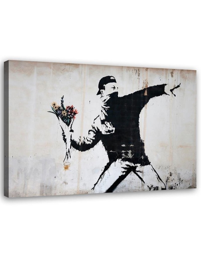 Obraz czarno biały - Banksy Chuligan rzucający bukietem kwiatów | FEEBY