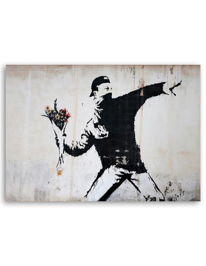 Obraz czarno biały - Banksy Chuligan rzucający bukietem kwiatów | FEEBY