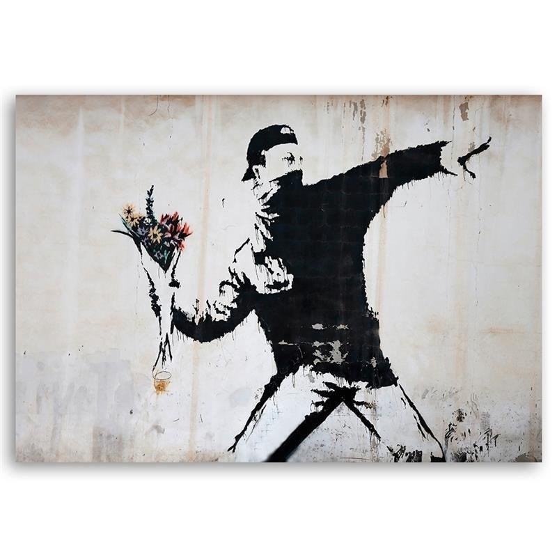 Obraz czarno biały - Banksy Chuligan rzucający bukietem kwiatów | FEEBY