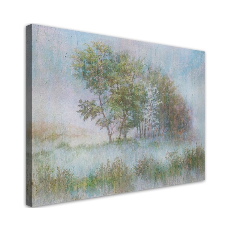 Leinwandbild modern - Bäume auf einer nebligen Wiese | Feeby