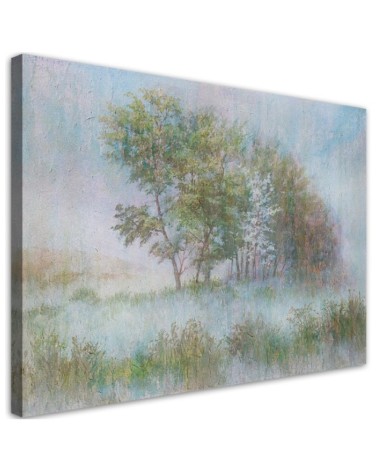 Leinwandbild modern - Bäume auf einer nebligen Wiese | Feeby