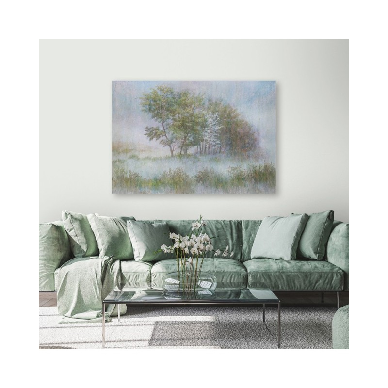 Leinwandbild modern - Bäume auf einer nebligen Wiese | Feeby