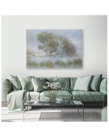 Leinwandbild modern - Bäume auf einer nebligen Wiese | Feeby