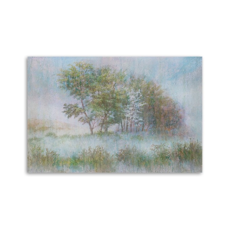 Leinwandbild modern - Bäume auf einer nebligen Wiese | Feeby