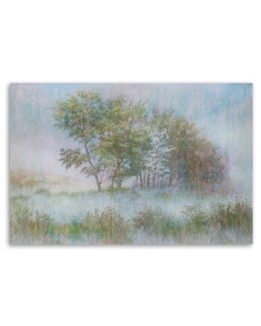 Leinwandbild modern - Bäume auf einer nebligen Wiese | Feeby
