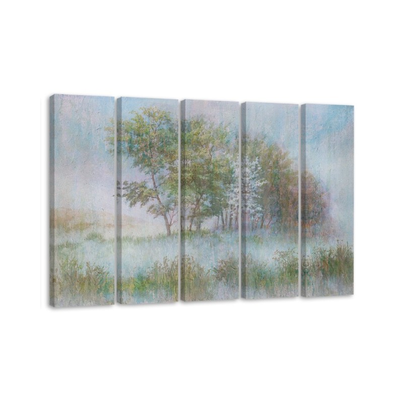 Leinwanddruck - Bäume auf einer nebligen Wiese | Feeby