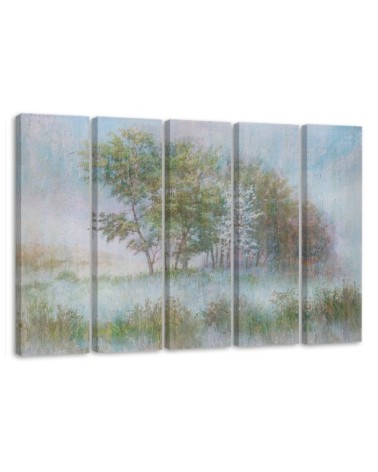 Leinwanddruck - Bäume auf einer nebligen Wiese | Feeby