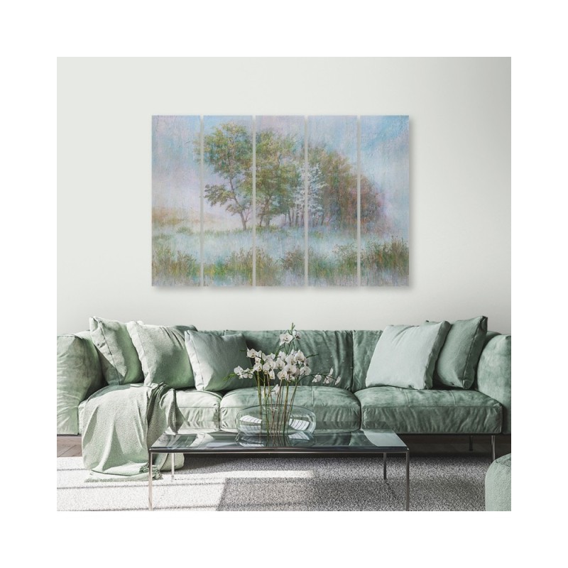 Leinwanddruck - Bäume auf einer nebligen Wiese | Feeby