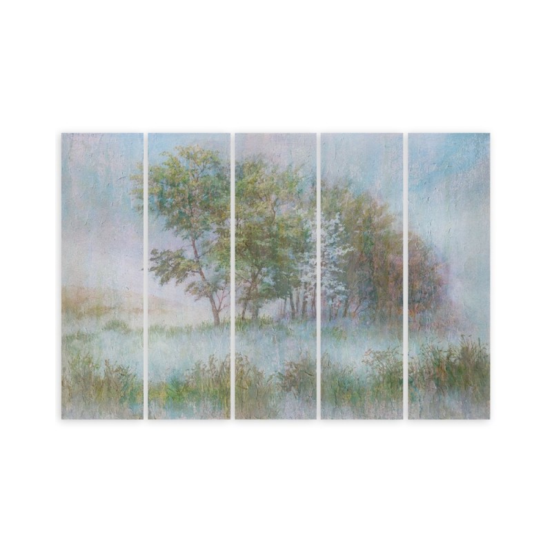 Leinwanddruck - Bäume auf einer nebligen Wiese | Feeby