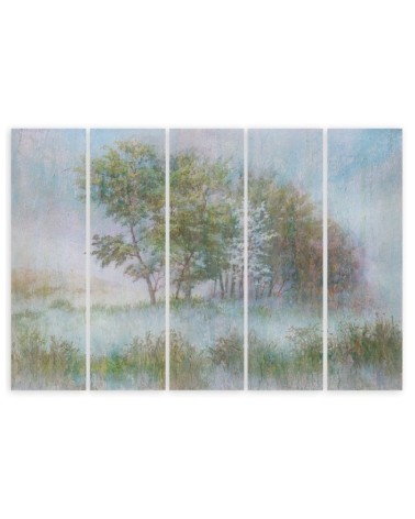 Leinwanddruck - Bäume auf einer nebligen Wiese | Feeby