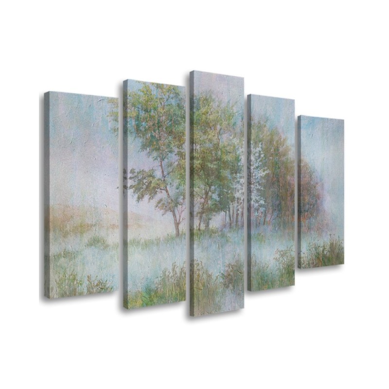 Leinwandbild - Bäume auf einer nebligen Wiese | Feeby