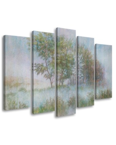 Leinwandbild - Bäume auf einer nebligen Wiese | Feeby