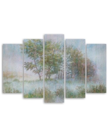 Leinwandbild - Bäume auf einer nebligen Wiese | Feeby