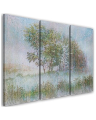 Modern 3-panel Canvas painting - Trees on a misty meadow | FEEBY