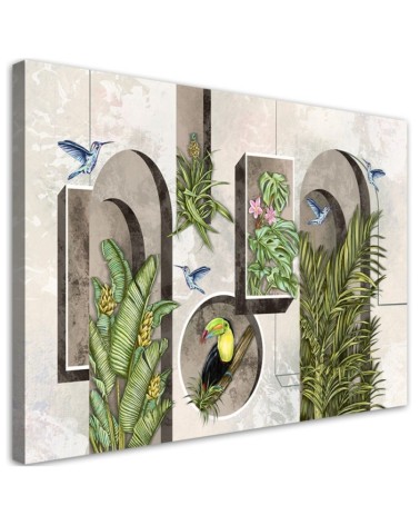 Modern Canvas painting - Shapes in the wall with plants and birds toucan hummingbird | FEEBY