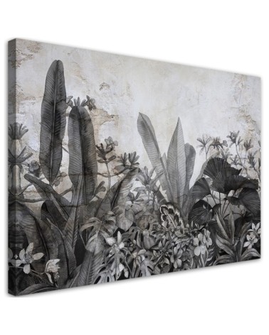 Wandbild für Wohnzimmer - Dschungel Blätter Beton Grau | Feeby