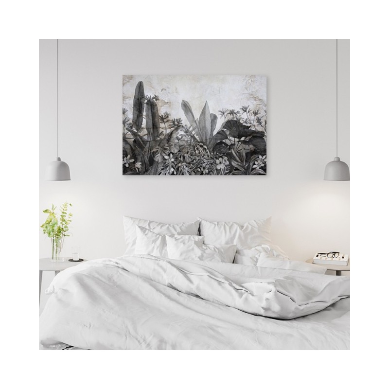 Wandbild für Wohnzimmer - Dschungel Blätter Beton Grau | Feeby