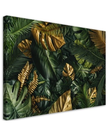 Picture prints on Canvas for the office - Monstera golden tropical leaves | FEEBY