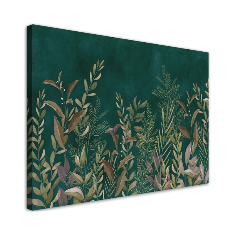 Leinwandbild - Blätter auf einem grünen Hintergrund | Feeby