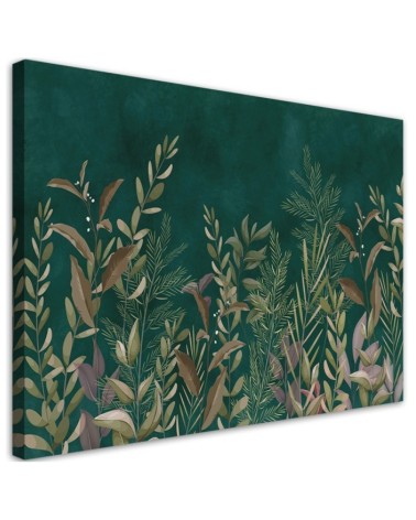 Leinwandbild - Blätter auf einem grünen Hintergrund | Feeby