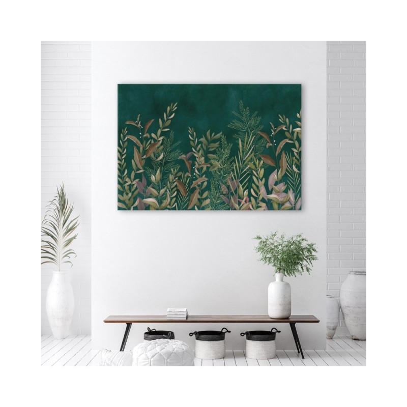 Leinwandbild - Blätter auf einem grünen Hintergrund | Feeby