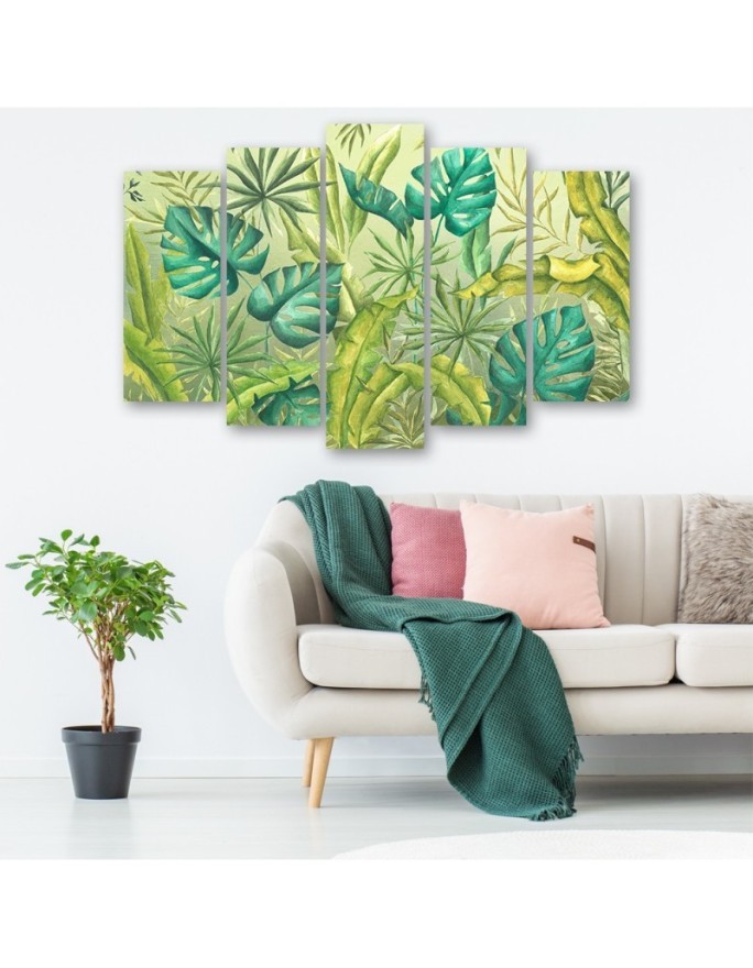 Obraz pięcioczęściowy do sypialni - Liście Monstera | FEEBY