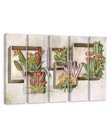 Five-part canvas painting - Square boxes shelves with flowers | FEEBY