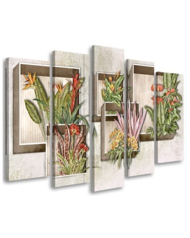 Canvas print 5 parts for living room - Square boxes shelves with flowers | FEEBY