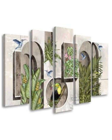 Canvas print for living room - Shapes in wall with plants and birds toucan hummingbird | FEEBY