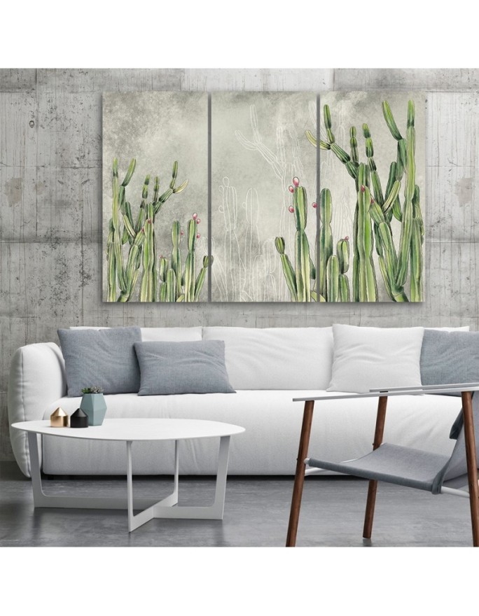 Three part painting for modern living room - Large desert cactus | FEEBY