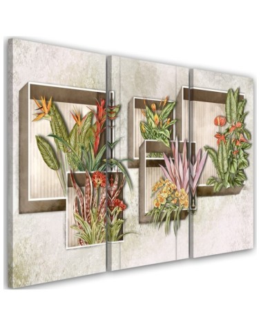 For living room 3-part painting - Square boxes shelves with flowers | FEEBY