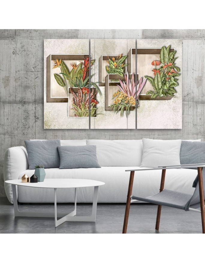 For living room 3-part painting - Square boxes shelves with flowers | FEEBY