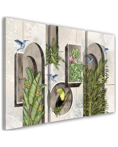Triptych - Shapes in the wall with plants and birds toucan hummingbird | FEEBY