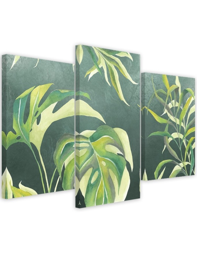 Triptych painting for living room modern - Monstera leaves | FEEBY