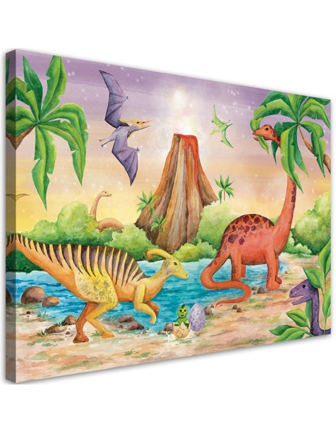 Wandbild für Wohnzimmer - Dinosaurier am See | Feeby