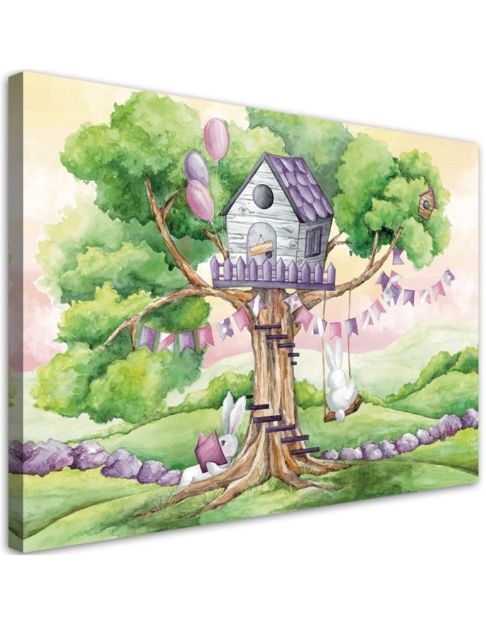 Leinwandbild - Weiße Kaninchen Hütte auf dem Baum | Feeby