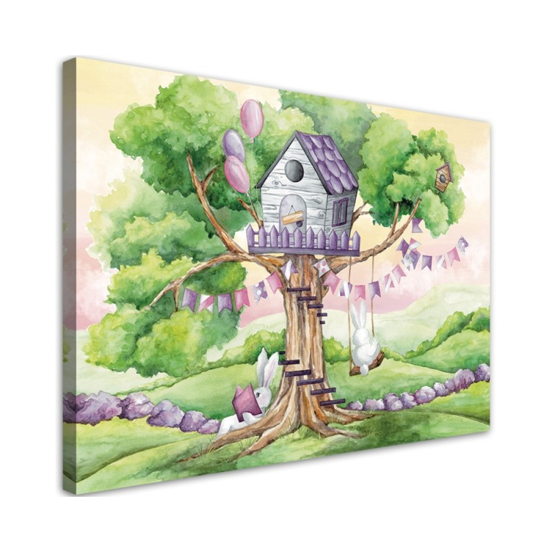 Leinwandbild - Weiße Kaninchen Hütte auf dem Baum | Feeby