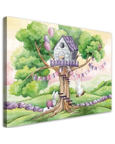 Leinwandbild - Weiße Kaninchen Hütte auf dem Baum | Feeby