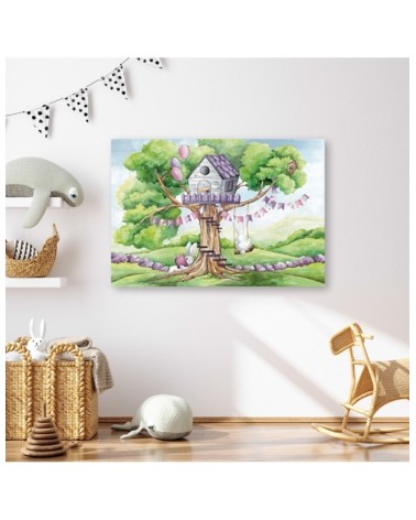 Leinwandbild - Weiße Kaninchen Hütte auf dem Baum | Feeby