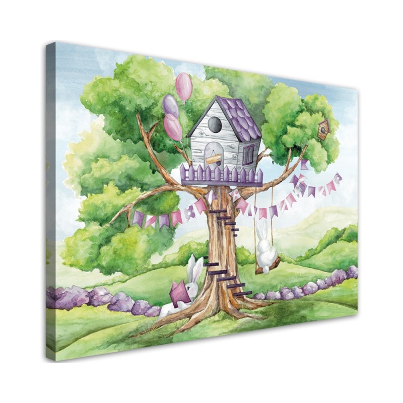 Leinwandbild - Weiße Kaninchen Hütte auf dem Baum | Feeby