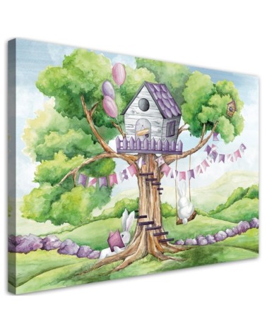 Leinwandbild - Weiße Kaninchen Hütte auf dem Baum | Feeby