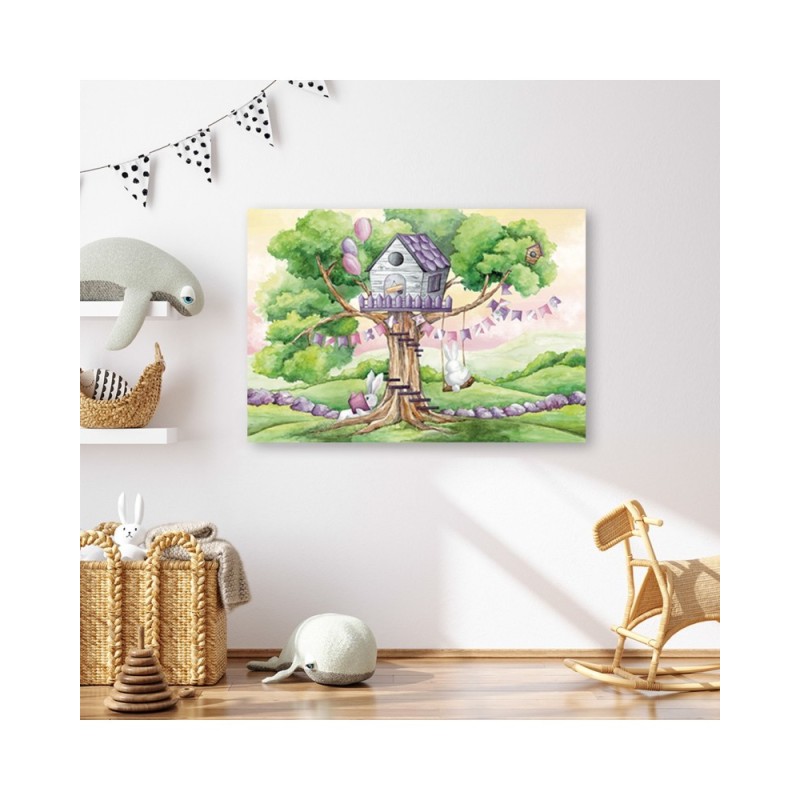 Leinwandbild - Weiße Kaninchen Hütte auf dem Baum | Feeby