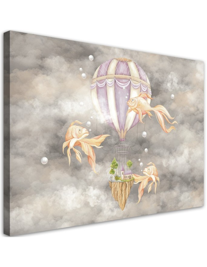 Leinwandbild - Heißluftballon fliegendes Haus und Fisch | Feeby