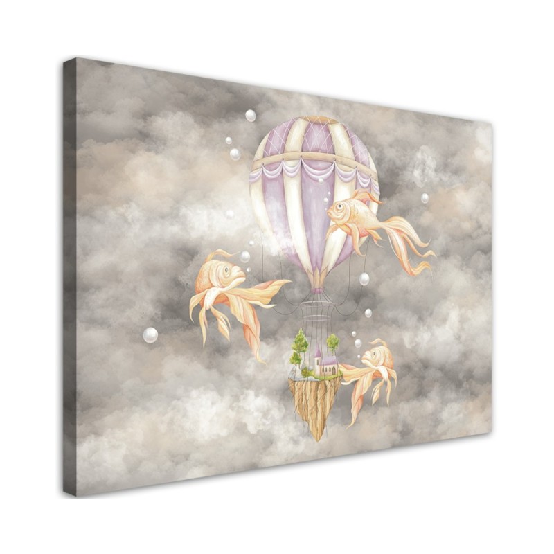 Leinwandbild - Heißluftballon fliegendes Haus und Fisch | Feeby
