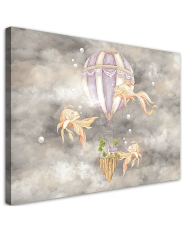 Leinwandbild - Heißluftballon fliegendes Haus und Fisch | Feeby