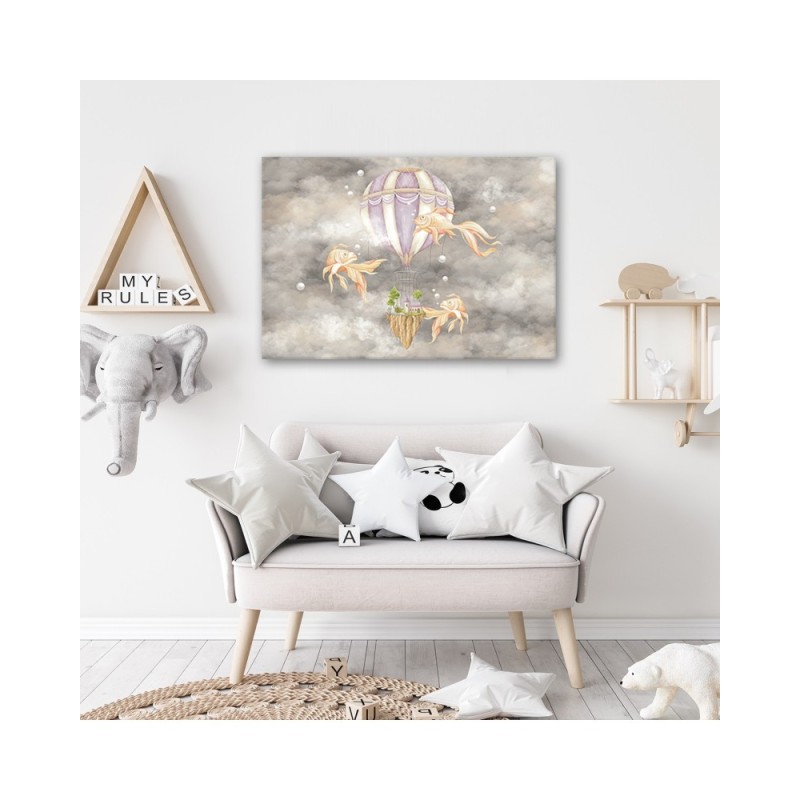 Leinwandbild - Heißluftballon fliegendes Haus und Fisch | Feeby