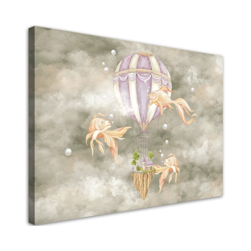 Leinwandbild - Heißluftballon fliegendes Haus und Fisch | Feeby